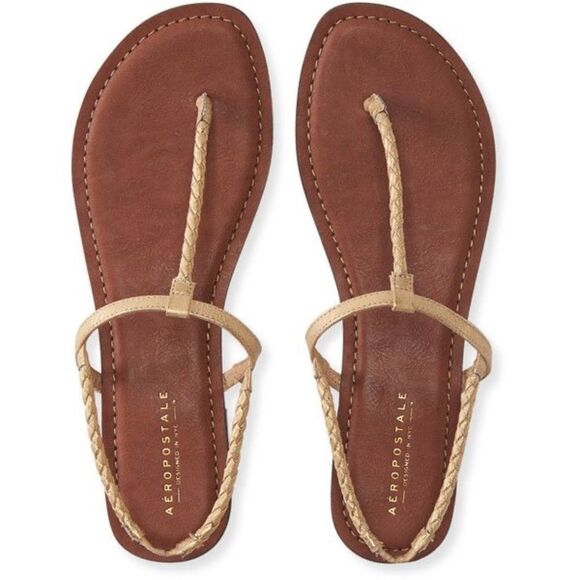 NWT Aeropostale Gold Skinny Braid T-Strap Sandals - Size 6 - Picture 1 of 9